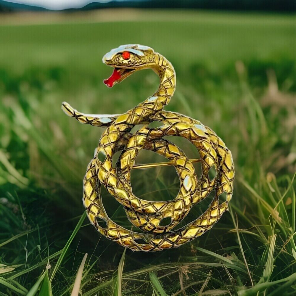 Vintage ART Coiled Snake Brooch Gold Tone Enamel Pin Red Rhinestone Eyes Serpent